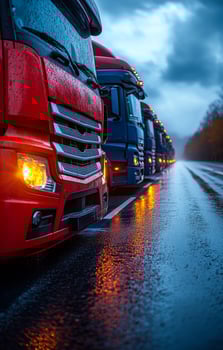 Trucks on a rainy road at dusk. A line of trucks glistens on the road as rain falls, reflecting colorful lights under a cloudy evening sky. photo