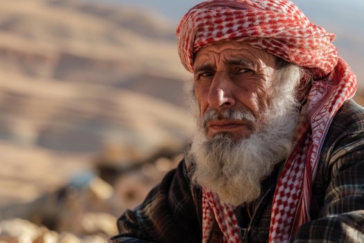 Senior bedouin man wearing traditional keffiyeh posing in the desert photo