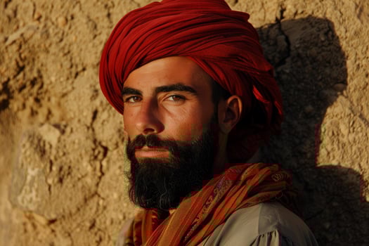 Bearded man wearing turban posing against stone wall photo