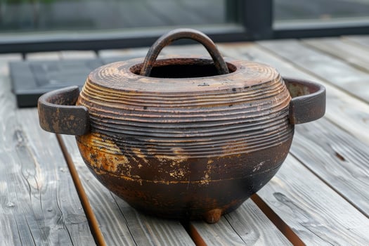 Old cast iron pot sitting on wooden table outdoors photo