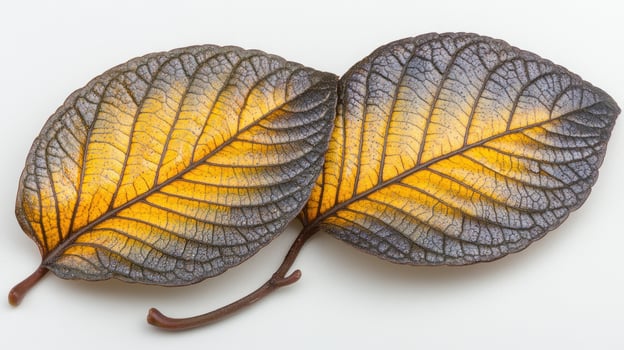 Two intricate leaves display shades of yellow and orange, capturing autumn's beauty photo