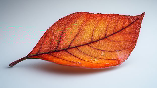 A striking red leaf rests on a smooth surface, adorned with delicate droplets of dew photo