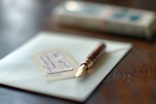 Fountain pen placed on an addressed envelope. Handwritten correspondence, personal communication photo