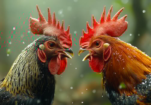 Roosters in a dawn crowing contest. Two roosters compete in a dawn crowing contest, flaunting their colorful feathers and vocal skills in the soft morning light. photo