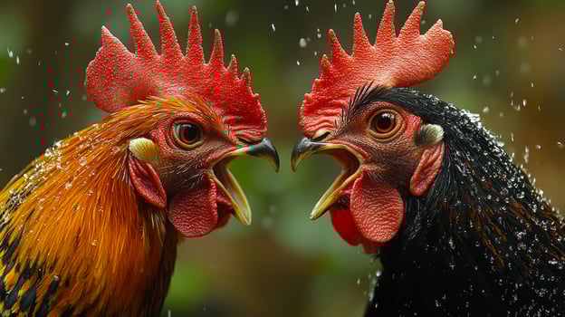 Roosters in a lively crowing duel. Two vibrant roosters face each other, crowing loudly amidst a backdrop of blurred greenery, capturing their rivalry. photo