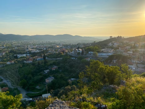 Top view Aerial view of Muslim neighborhood with mosque in city of Bar in Montenegro. photo