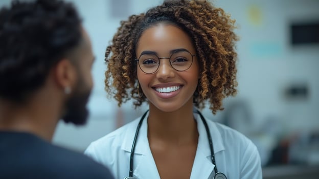 Doctor consulting with a patient in a bright modern clinic discussing health charts both wearing casual clothing calm atmosphere photo