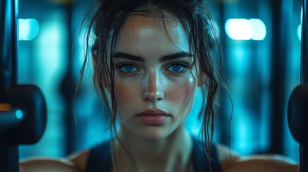 Person lifting weights in a hightech indoor gym mirrors reflecting their determined expression sleek equipment surrounding them photo