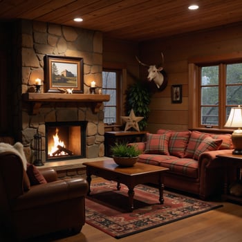 Nighttime living room with Westerninspired decor featuring a cartoon modern fireplace with candles and horns plaid furniture an armchair table and glowing lamps adorned with cowhide rugs and mounted photo
