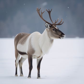 Solitary caribou stands against snowy backdrop as gentle snowfall descends photo