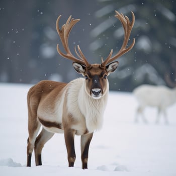 A toweringhorned reindeer stands amidst the snowy landscape photo