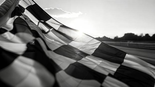 Black and white photo of a checkered flag