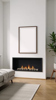 Modern Scandinavianstyle 3D rendered mockup of a cozy living room with a fireplace photo