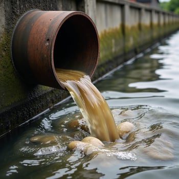 Industrycaused water pollution Sewage pipes releasing contaminated water into a nearby river photo