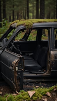 Abandoned vehicle amidst forest landscape photo