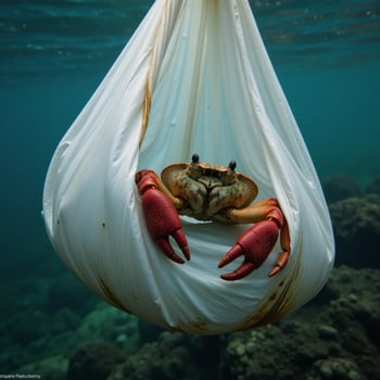 Plastic pollution A crab trapped in discarded plastic bag symbolizes oceans plight due to excess waste photo