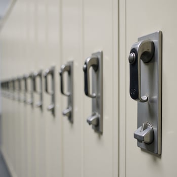 Closeup shot highlighting the locks and handles of school lockers symbolizing safety and confidentiality photo