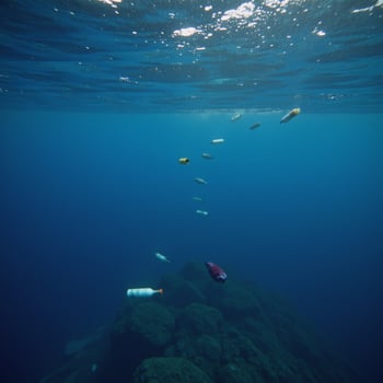 Underwater scene highlights high levels of plastic pollution in the sea photo