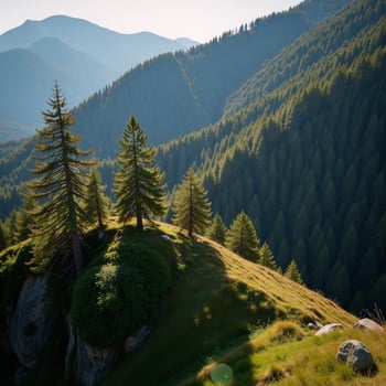 Breathtaking aerial view of a pristine mountain landscape with verdant forests of healthy spruce fir and pine photo