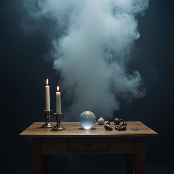 Foggy dark setting with smoke and mist on wooden table against an abstract and defocused Halloween backdrop photo
