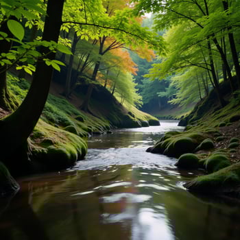 Forest scene with flowing river runs through painted style not specified photo