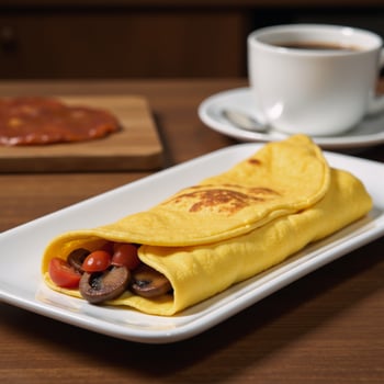 A mushroomtomato filled omelette with a fluffy texture photo