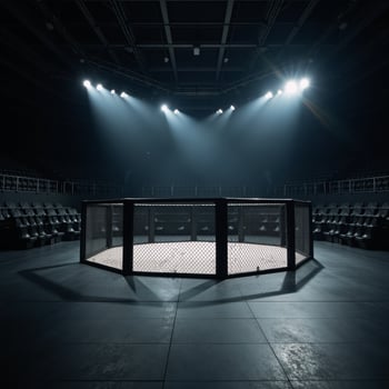 Empty mixed martial arts arena with lights and spotlights for fight scene compositions photo