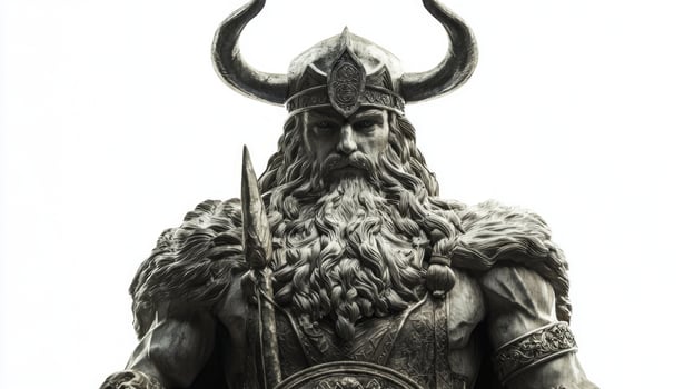 depiction of Balder known as Scandinavian god of beauty and light exhibits intricate detailing in his armor and fierce expression standing isolated against white backdrop. photo