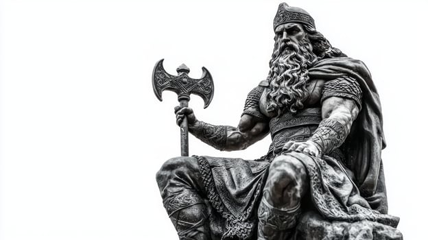 Scandinavian god Baldr in a realistic style showcasing his imposing figure and intricate details as he sits confidently with an axe. photo