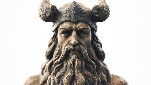 Bragi the Scandinavian god of poetry appears in stunning detail featuring a majestic beard and horned helmet. The realistic design highlights ancient Norse artistry and mythology. photo