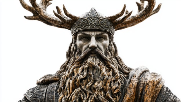 striking representation of Bragi the Scandinavian god renowned for poetry featuring elaborate details and expression set against a clean white background. photo