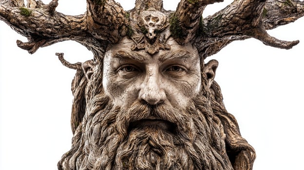 Eir the Scandinavian goddess of healing is represented with intricate details showcasing her natural elements and symbolic features on a white backdrop. photo
