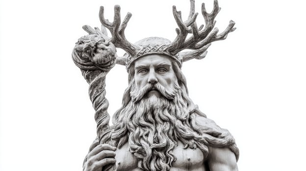 Forseti god justice in Scandinavian mythology stands majestically with antlers and a staff symbolizing wisdom and fairness. The clean white background highlights his features. photo