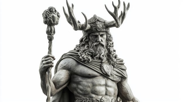 Forseti the Scandinavian god of justice and reconciliation stands proudly with his ornate staff. His powerful physique and majestic antlers reflect his divine nature and authority. photo