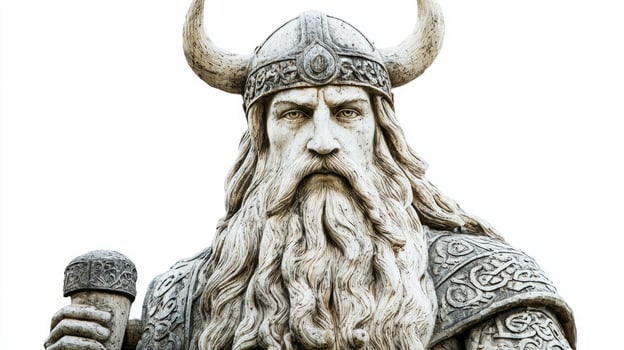 Scandinavian god Forseti stands prominently embodying justice and harmony characterized by his striking features ornate armor and majestic horns. photo