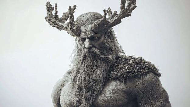Frig the Scandinavian god showcasing his strong presence with antlers and a long beard embodying strength and nature in a minimalist setting. photo