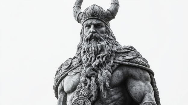 artwork features the Scandinavian god Frig with a majestic appearance that highlights his powerful physique and elaborate armor. The focus is on his detailed attributes. photo