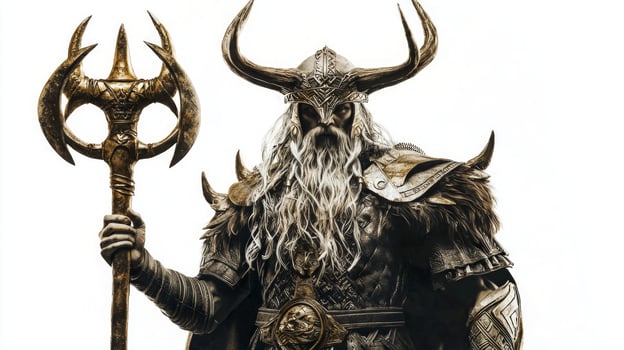 Heimdall the watchful Scandinavian god stands confidently holding a golden staff clad in intricate armor that reflects his divine heritage and strength. photo