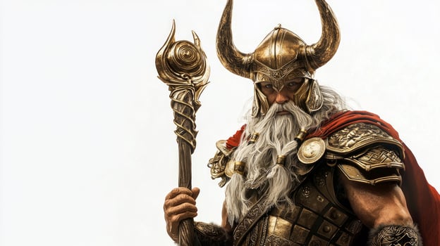 Heimdall the watchful guardian of the Bifrost bridge is depicted with his ornate armor imposing staff and distinctive horn embodying mythological power and wisdom. photo
