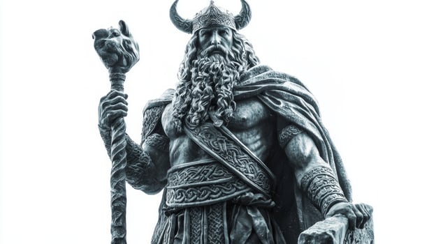 Scandinavian god Hodr stands confidently adorned with horned helmet and intricate attire symbolizing his powerful role within Norse mythology set against white background. photo