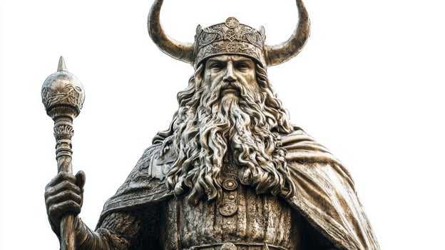 Hodr a Scandinavian god is depicted with a majestic horned crown and staff. His long beard flows as he stands resolutely embodying strength and mystery. photo