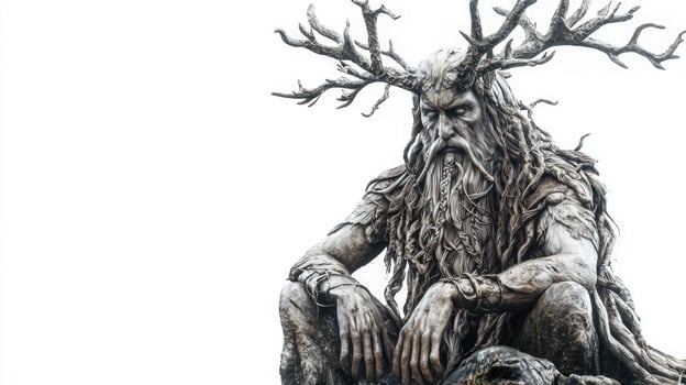Hodr the Scandinavian god of darkness is depicted with antlers and natural elements showcasing a blend of myth and realism in a serene setting. photo