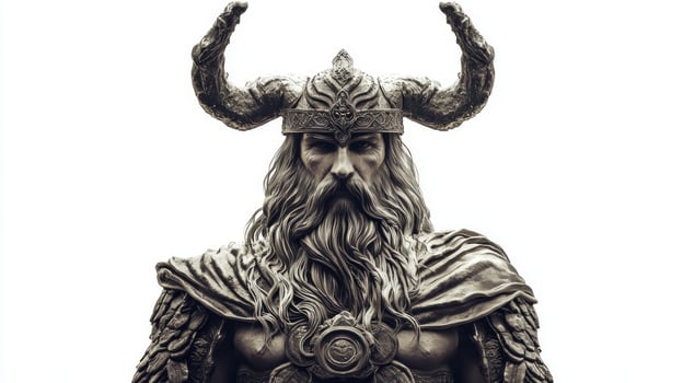 fierce representation Njord the Scandinavian god associated with sea and winds illustrated with intricate details and a commanding presence on a pure white backdrop. photo