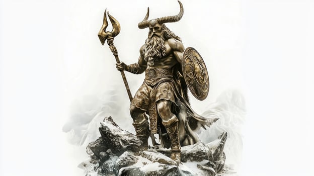 striking representation of Njord the deity revered in Norse mythology stands confidently with his trident and shield embodying the elements of sea and wind. photo
