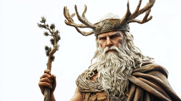 Njord the revered Scandinavian god stands tall with antlered attire and a staff embodying the essence of sea and wind protection with his majestic expression. photo