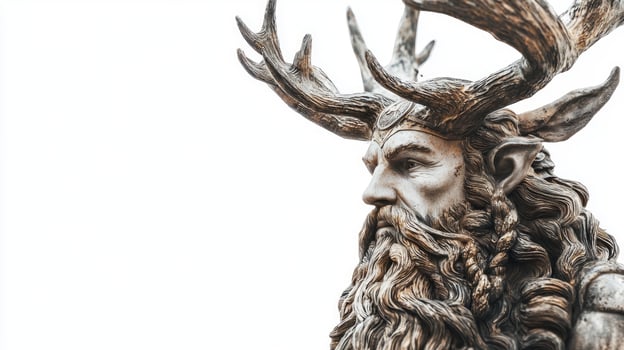 Njord the god of the sea and wind from Scandinavian mythology featuring his impressive antlers and intricate beard against a clean white background. photo