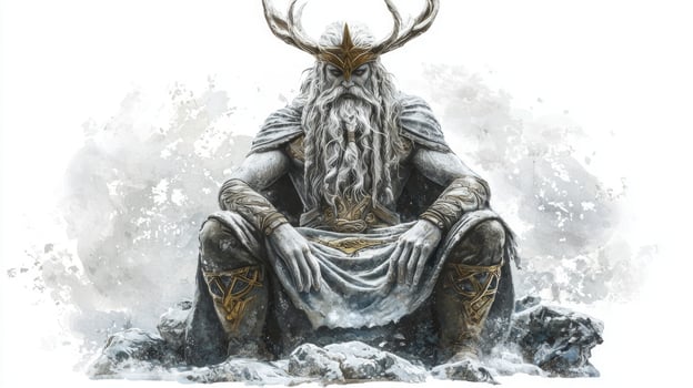 Njord revered for his dominion over the sea and winds is depicted in a striking pose. His majestic presence adorned with intricate details captures the essence of Scandinavian folklore. photo