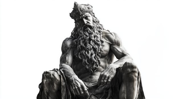 striking portrayal of Njord the god sea and wind in Norse mythology features strong musculature and intricate beard symbolizing strength and wisdom. photo