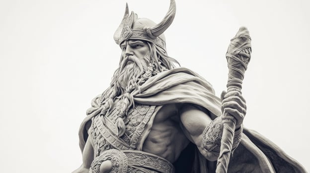 sculpture features Odin the revered Scandinavian god depicted with a majestic presence long beard and traditional armor holding a staff in a commanding pose. photo