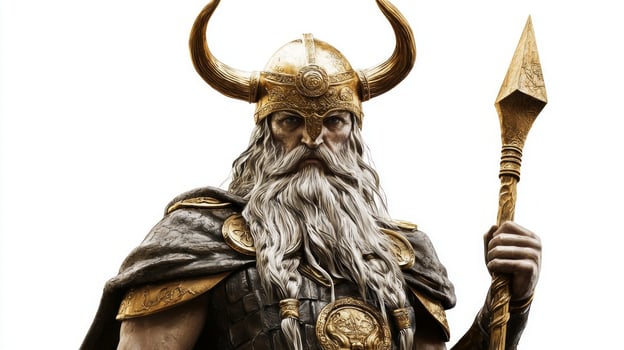 Odin stands prominently showcasing a formidable presence with his golden horned helmet and spear. His long beard and regal attire reflect his power among Scandinavian gods. photo